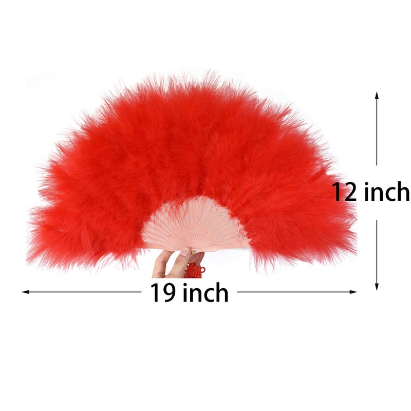 Happy Feather Handheld Marabou Feather Fan, 1920s Vintage Style Flapper Hand Fan for Costume Party and Dancing-RED - Image 3